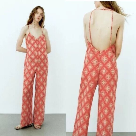 Zara The Jami Orange Ikat Halter Sleeveless Jumpsuit Size XS NWT - Picture 2 of 12